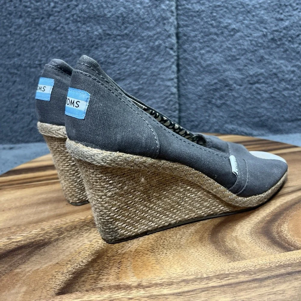 Toms Calypso Espadrille Platform Wedge Brown Canvas Peep Toe‎ Shoes Pumps Size 9